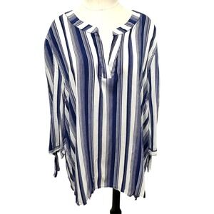 Anne Carson Striped‎ Tunic Top Blouse Tie Sleeve Casual 2X